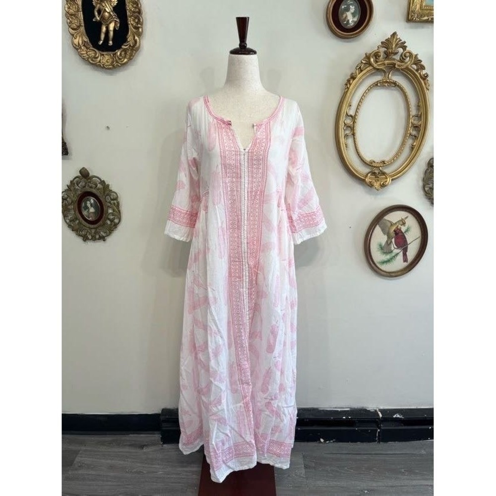 Jo Eden Mimimango Pink Feather Print Kaftan Maxi Dress